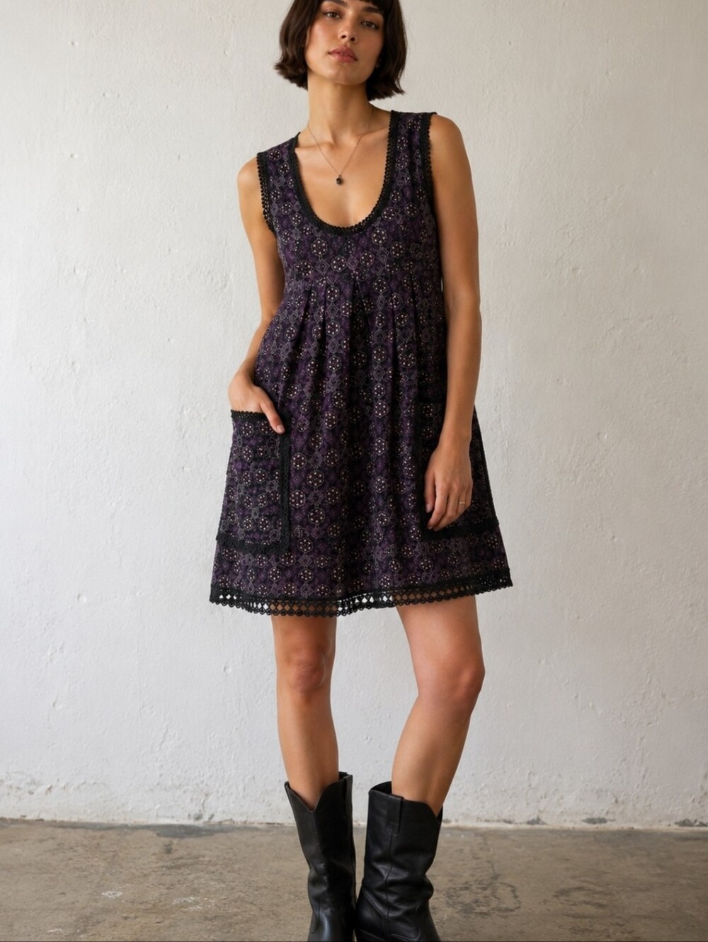 Anna Sui Velvet Burnout Mini Dress Purple Black Crochet Trim Boho Luxe